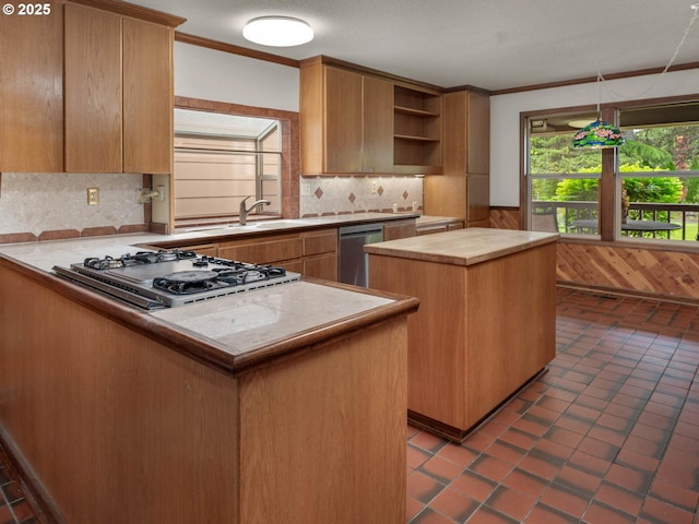 18036 NW Emmaus Ln, Portland, OR 97231 - kitchen featuring open shelves, stovetop, backsplash, stainless steel dishwasher, and butcher block countertops