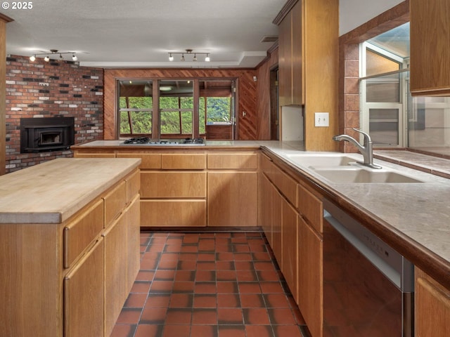 18036 NW Emmaus Ln, Portland, OR 97231 - kitchen with dishwasher, track lighting, a sink, wood counters, and gas stovetop