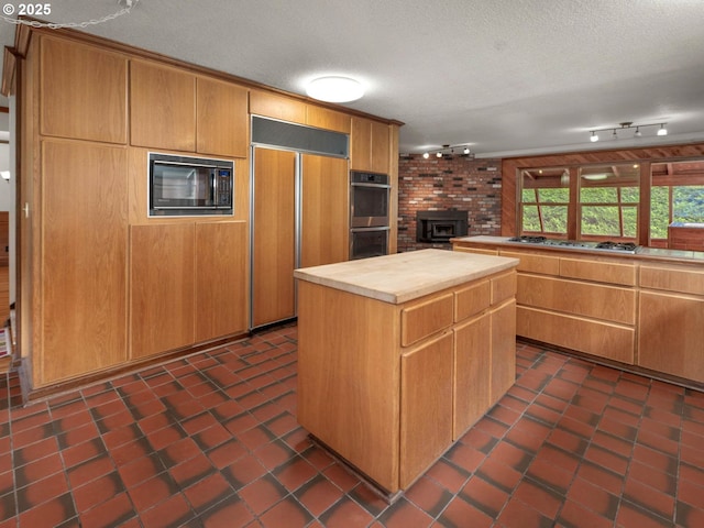 18036 NW Emmaus Ln, Portland, OR 97231 - kitchen featuring butcher block countertops, built in appliances, rail lighting, a textured ceiling, and a wood stove