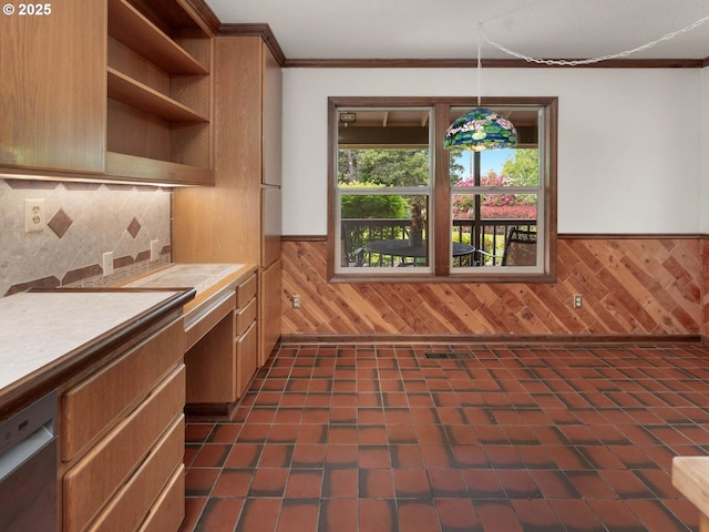 18036 NW Emmaus Ln, Portland, OR 97231 - kitchen with a wainscoted wall, wood walls, ornamental molding, open shelves, and brown cabinetry