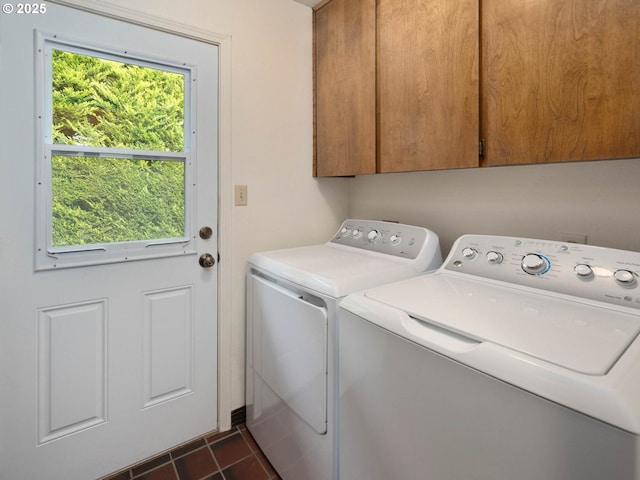 18036 NW Emmaus Ln, Portland, OR 97231 - laundry area with washer and clothes dryer, cabinet space, and dark tile patterned flooring