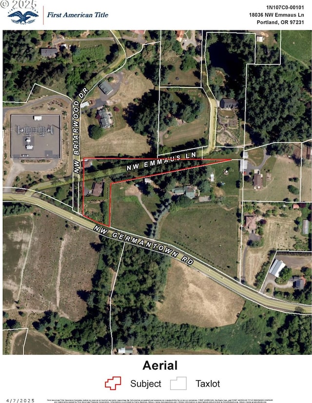 18036 NW Emmaus Ln, Portland, OR 97231 - aerial map of property and surrounding area with property parcel outlined