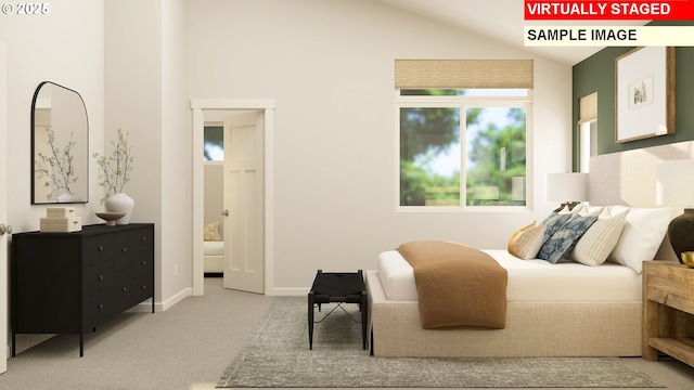 carpeted bedroom with baseboards and lofted ceiling