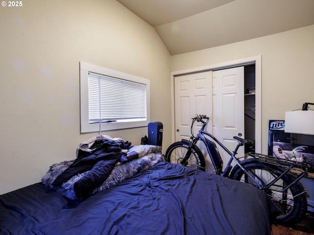 bedroom with lofted ceiling and a closet