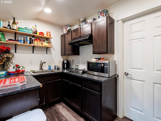 kitchen featuring dark countertops, under cabinet range hood, stainless steel microwave, and a sink