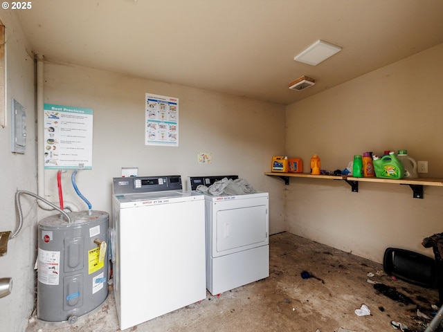 laundry area with electric water heater and washing machine and clothes dryer