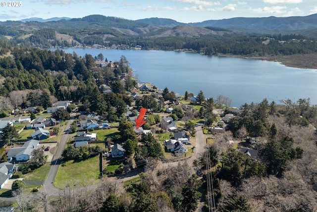 bird's eye view featuring a forest view and a water and mountain view