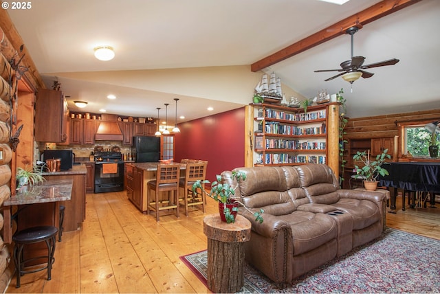 living area with light wood-type flooring, a ceiling fan, recessed lighting, and vaulted ceiling with beams