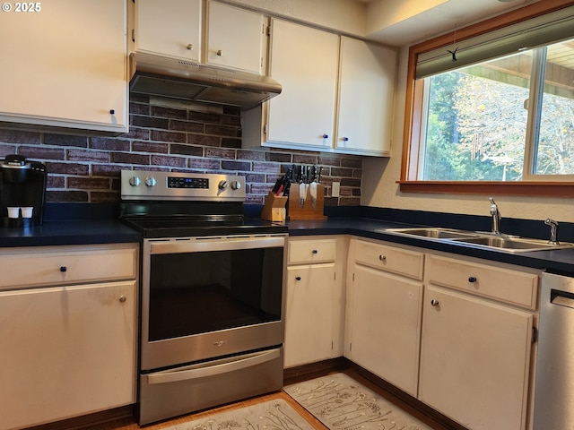 kitchen featuring under cabinet range hood, a sink, dark countertops, and appliances with stainless steel finishes