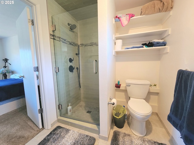 ensuite bathroom with ensuite bath, toilet, baseboards, and a shower stall