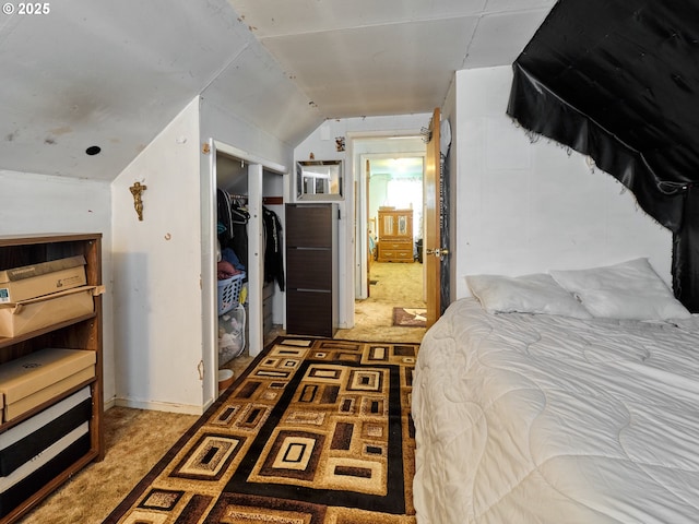 bedroom featuring carpet flooring, a closet, and lofted ceiling