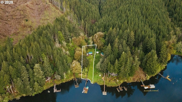 1298 N Tenmile, Lakeside, OR 97449 - drone / aerial view with a wooded view and a water view