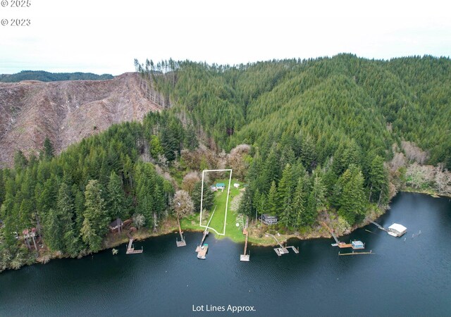 1298 N Tenmile, Lakeside, OR 97449 - birds eye view of property featuring a view of trees and a water and mountain view