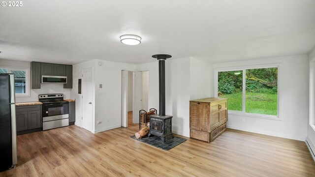 1298 N Tenmile, Lakeside, OR 97449 - unfurnished living room featuring light wood-style flooring, a wood stove, and baseboards
