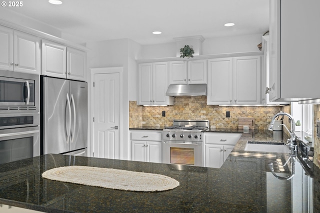 kitchen featuring a sink, appliances with stainless steel finishes, under cabinet range hood, and white cabinets