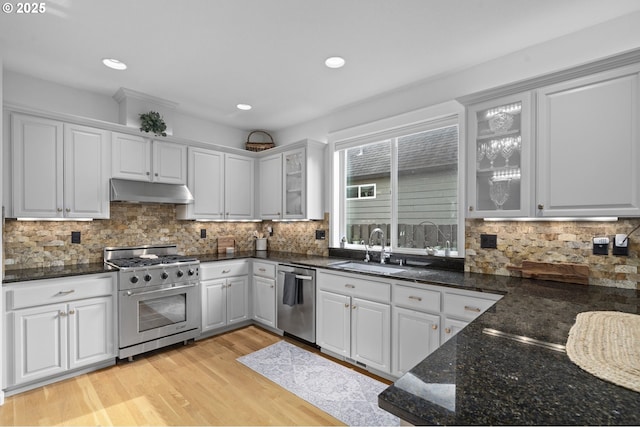 kitchen with a sink, light wood finished floors, stainless steel appliances, under cabinet range hood, and glass insert cabinets