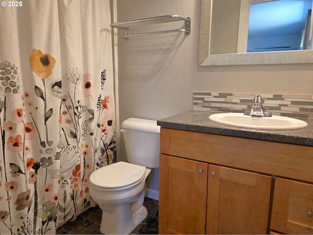 755 Nebraska St, Eugene, OR 97402 - bathroom featuring vanity, toilet, a textured wall, and a shower with shower curtain