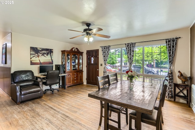 office space featuring ceiling fan and light wood finished floors