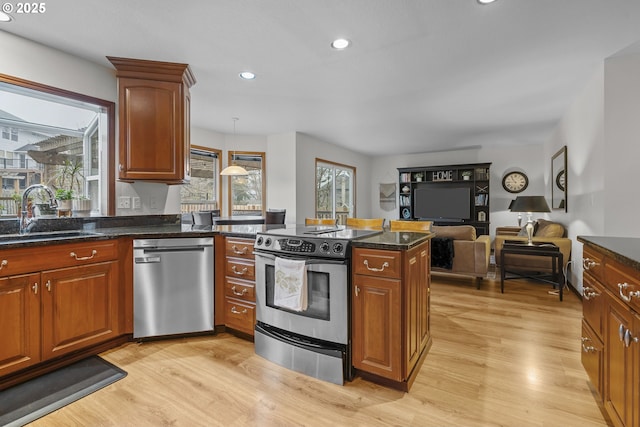 kitchen featuring stainless steel appliances, hanging light fixtures, sink, and light hardwood / wood-style flooring