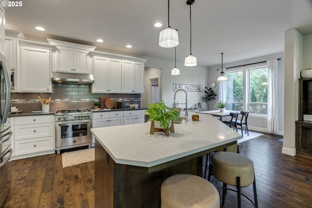 865 SW Trillium Ln, Portland, OR 97219 - kitchen with stainless steel stove, under cabinet range hood, white cabinetry, tasteful backsplash, and recessed lighting