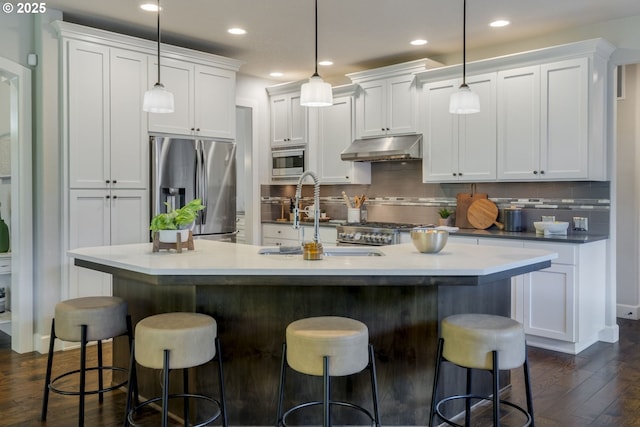 865 SW Trillium Ln, Portland, OR 97219 - kitchen with appliances with stainless steel finishes, under cabinet range hood, dark wood-style floors, white cabinets, and tasteful backsplash