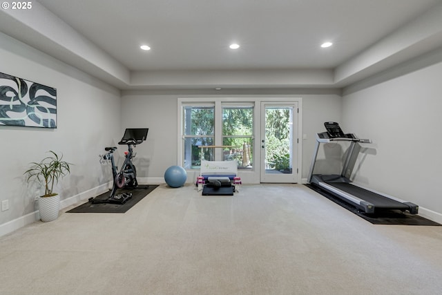 865 SW Trillium Ln, Portland, OR 97219 - workout area featuring carpet flooring, recessed lighting, and a tray ceiling