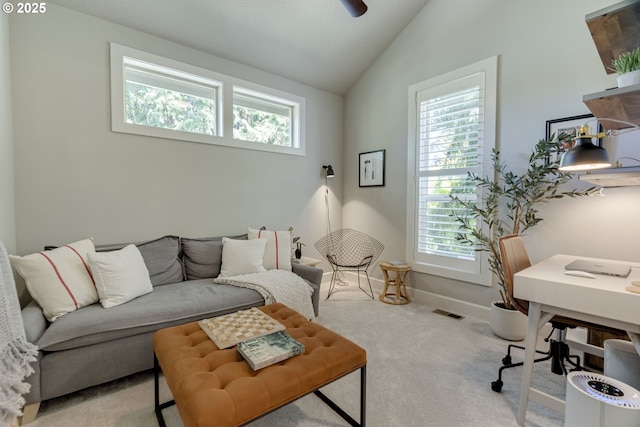 865 SW Trillium Ln, Portland, OR 97219 - living room featuring healthy amount of natural light, carpet flooring, lofted ceiling, and a desk