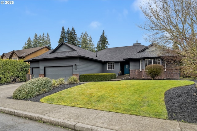 single story home with driveway, roof with shingles, an attached garage, a front lawn, and brick siding