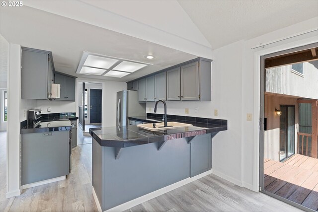 kitchen featuring a sink, light wood finished floors, a peninsula, and stainless steel appliances