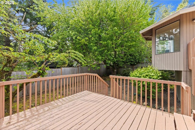 wooden deck with a fenced backyard