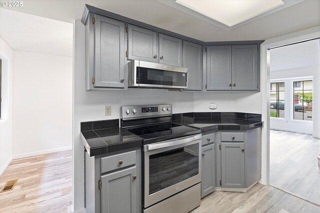 kitchen with gray cabinets, visible vents, appliances with stainless steel finishes, light wood-type flooring, and baseboards