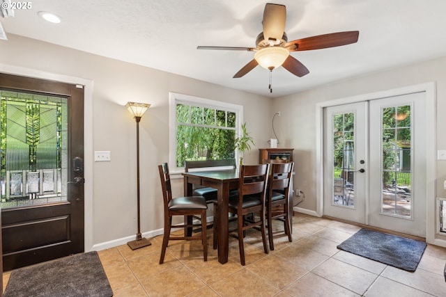 4315 NE 90th Ave, Portland, OR 97220 - dining area featuring french doors, baseboards, light tile patterned flooring, a ceiling fan, and recessed lighting