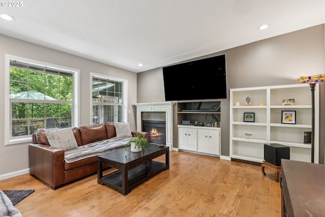 4315 NE 90th Ave, Portland, OR 97220 - living area featuring light wood-type flooring, a glass covered fireplace, recessed lighting, and baseboards