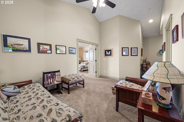 12 NW 17th Pl, Warrenton, OR 97146 - bedroom with carpet flooring, ceiling fan, recessed lighting, and high vaulted ceiling