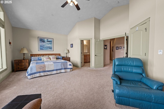 12 NW 17th Pl, Warrenton, OR 97146 - carpeted bedroom featuring high vaulted ceiling, ceiling fan, and ensuite bath