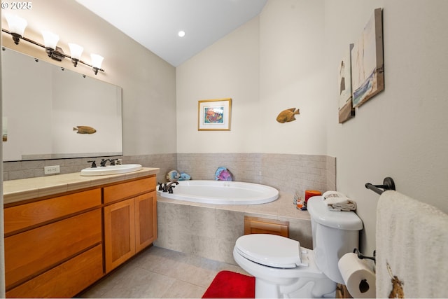 12 NW 17th Pl, Warrenton, OR 97146 - bathroom with tile patterned flooring, a garden tub, vaulted ceiling, and vanity