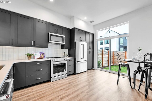 kitchen featuring light hardwood / wood-style flooring, appliances with stainless steel finishes, and tasteful backsplash