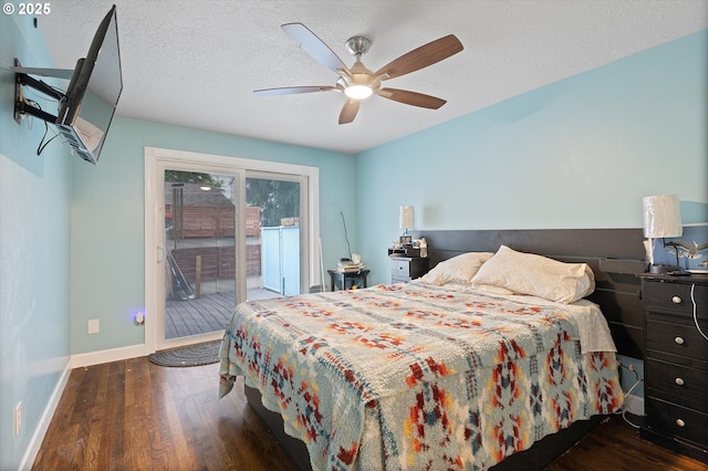 bedroom with access to outside, baseboards, ceiling fan, and wood finished floors