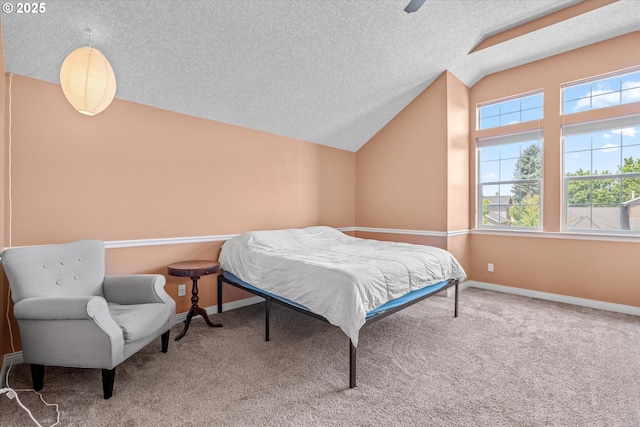 702 SW Burlingame Cir, Troutdale, OR 97060 - carpeted bedroom featuring lofted ceiling, multiple windows, a textured ceiling, and ceiling fan