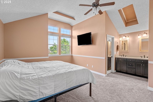 702 SW Burlingame Cir, Troutdale, OR 97060 - bedroom featuring lofted ceiling, ensuite bath, light colored carpet, a textured ceiling, and ceiling fan