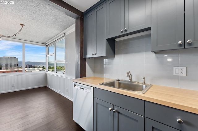 1220 NE 17th Ave Unit 12B, Portland, OR 97232 - kitchen with white dishwasher, gray cabinetry, a textured ceiling, backsplash, and dark wood-type flooring