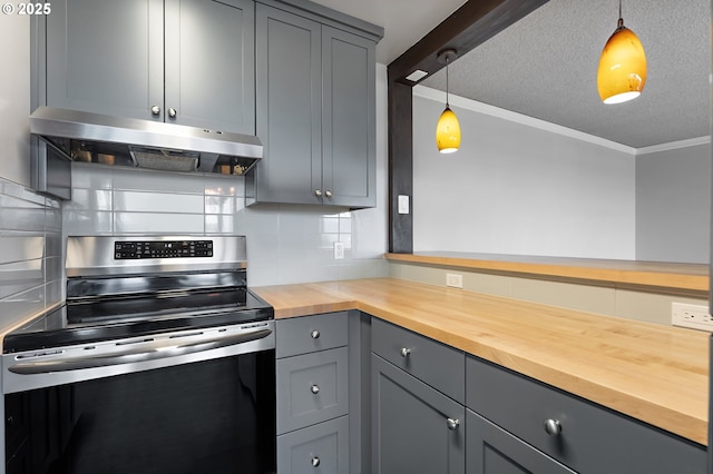 1220 NE 17th Ave Unit 12B, Portland, OR 97232 - kitchen featuring electric stove, range hood, wood counters, gray cabinetry, and backsplash