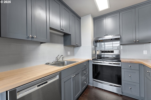 1220 NE 17th Ave Unit 12B, Portland, OR 97232 - kitchen with stainless steel appliances, under cabinet range hood, wood counters, gray cabinets, and tasteful backsplash