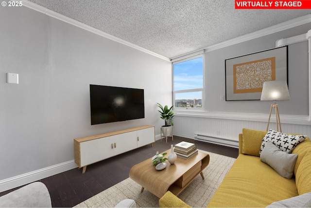 1220 NE 17th Ave Unit 12B, Portland, OR 97232 - living room with a baseboard heating unit, a textured ceiling, ornamental molding, and wood finished floors