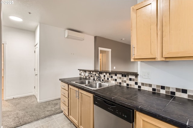 kitchen with dishwasher, a sink, light brown cabinetry, light colored carpet, and a wall unit AC