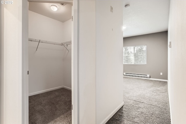 spacious closet featuring baseboard heating and carpet
