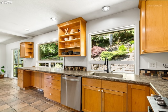 6750 SW Parkwest Ln, Portland, OR 97225 - kitchen with open shelves, dishwasher, a sink, healthy amount of natural light, and recessed lighting