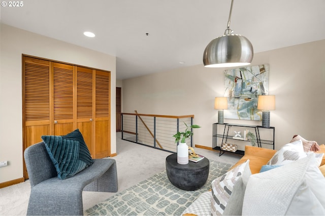 living room featuring light colored carpet