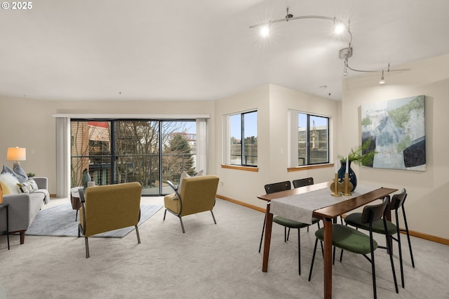 dining room with rail lighting and light carpet