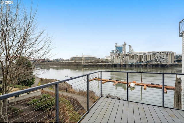 deck featuring a water view